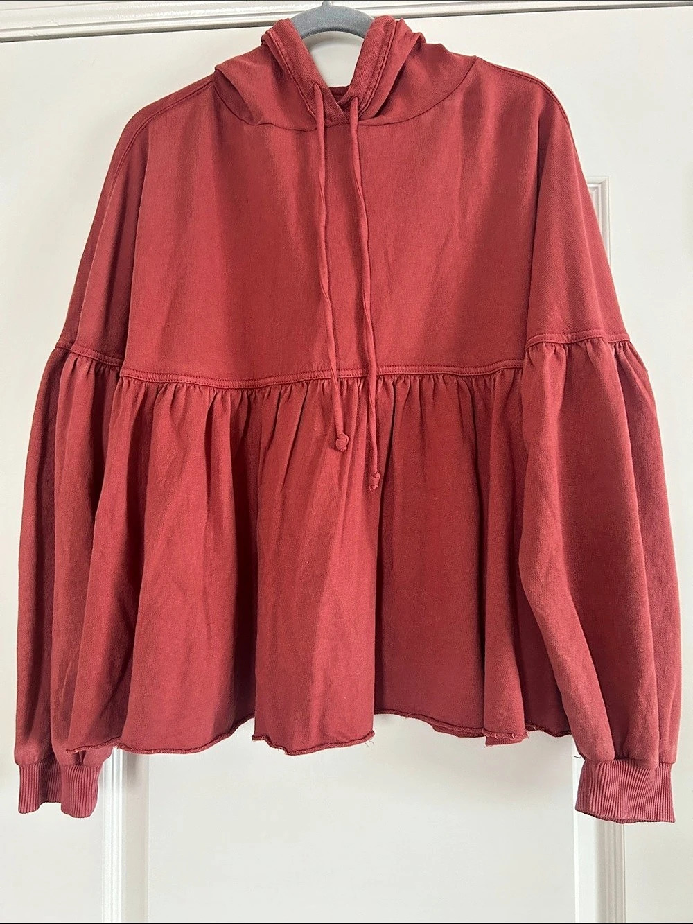 aerie Peplum Hoodie Hooded Babydoll Top in Red